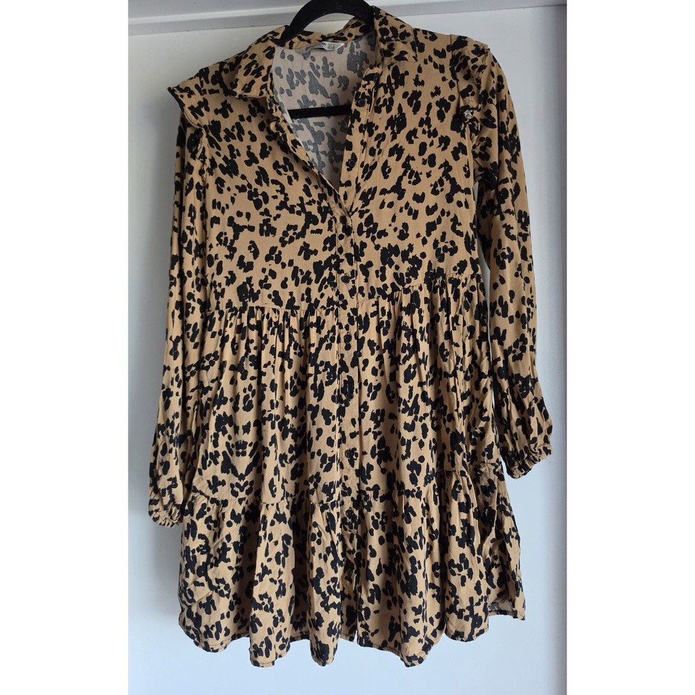 Stradivarius Animal Print Shirt Dress Size S Tan Black Collared Long Sleeve